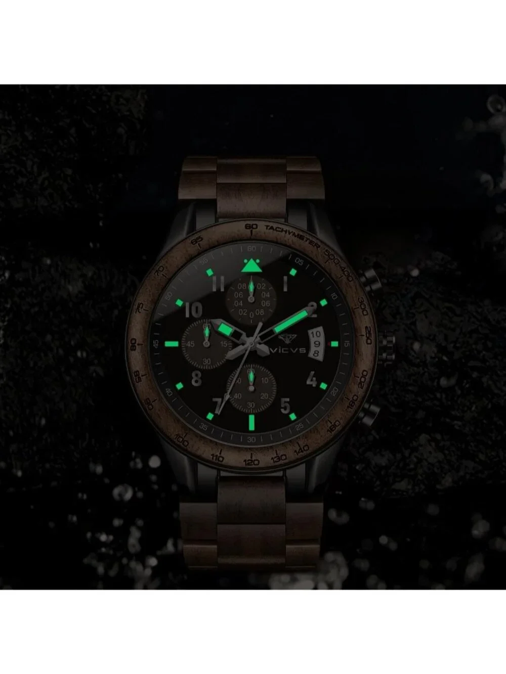 Mens Brown Black Stainless Steel Chronograph Quartz Multifunctional Wooden Watch